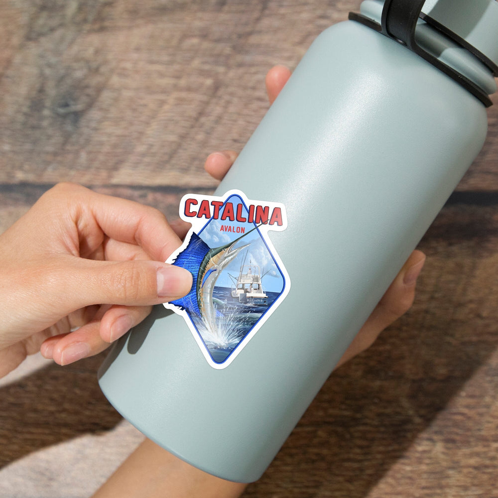Catalina Island, California, Avalon, Sailfish Scene, Contour, Vinyl Sticker Sticker Lantern Press 