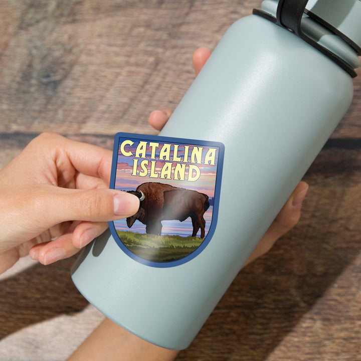 Catalina Island, California, Bison and Sunset, Contour, Vinyl Sticker - Lantern Press