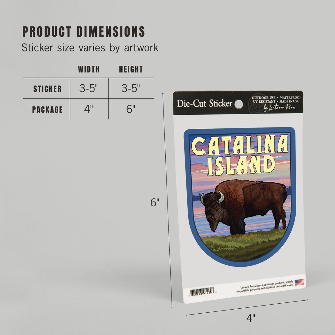 Catalina Island, California, Bison and Sunset, Contour, Vinyl Sticker - Lantern Press