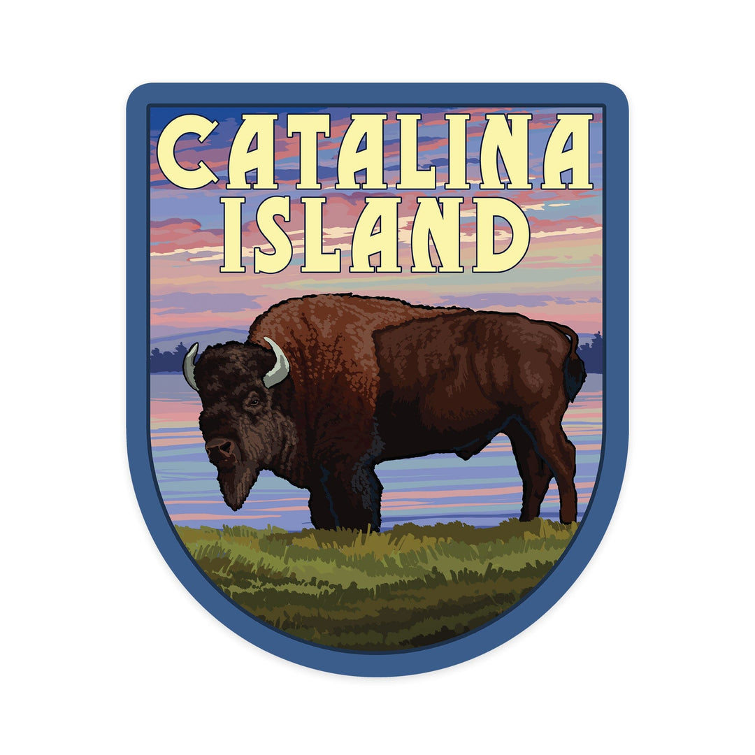 Catalina Island, California, Bison and Sunset, Contour, Vinyl Sticker - Lantern Press