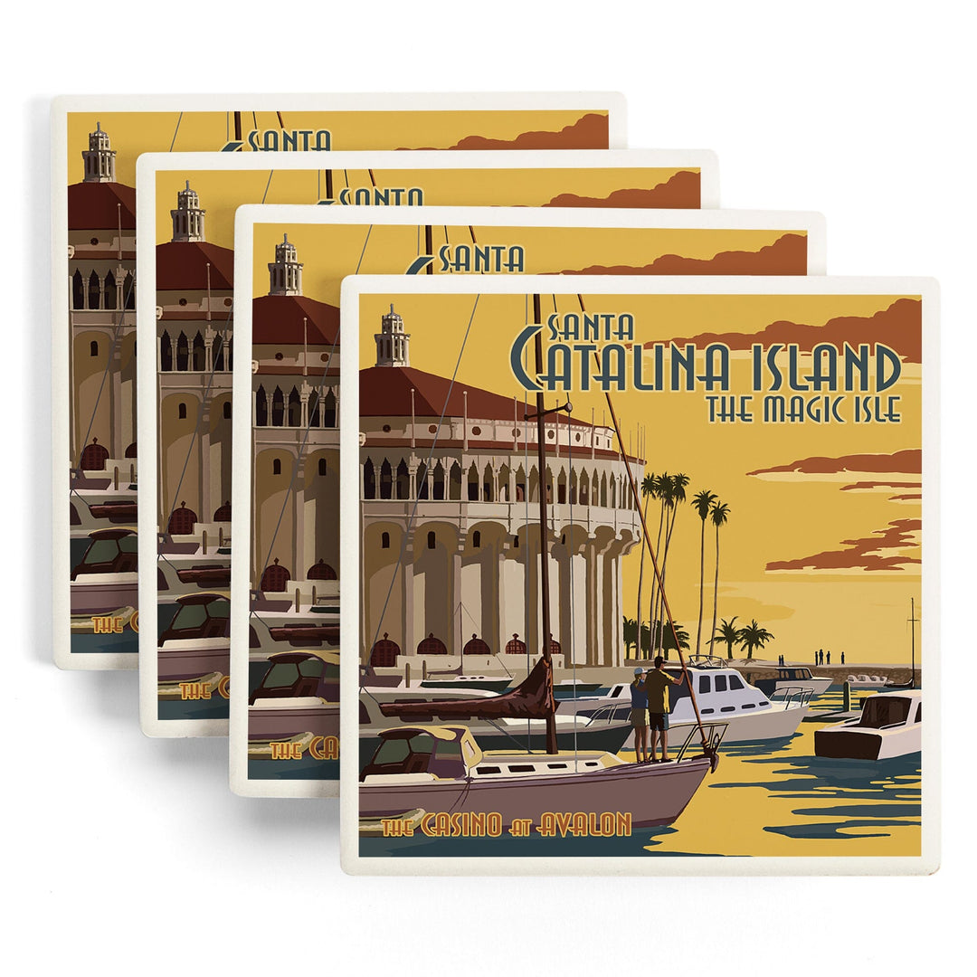 Catalina Island, California, Casino & Marina, Lantern Press Artwork, Coaster Set - Lantern Press