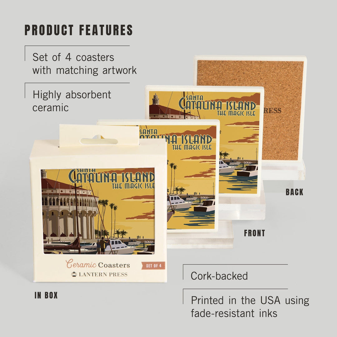 Catalina Island, California, Casino & Marina, Lantern Press Artwork, Coaster Set - Lantern Press