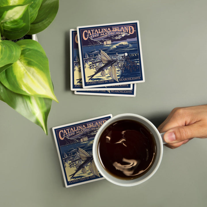 Catalina Island, California, Flying Fish, Lantern Press Artwork, Coaster Set - Lantern Press