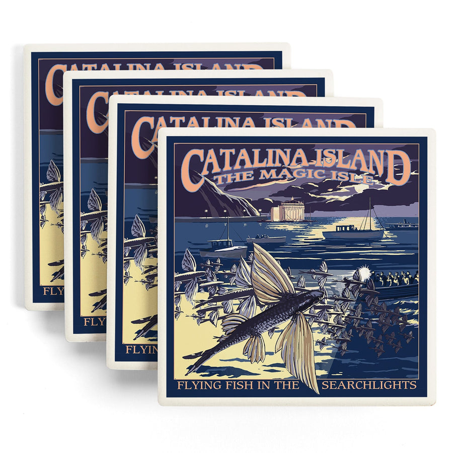 Catalina Island, California, Flying Fish, Lantern Press Artwork, Coaster Set - Lantern Press