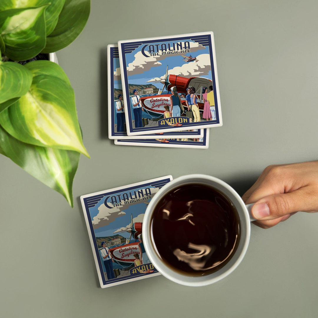 Catalina Island, California, Seaplane, Lantern Press Artwork, Coaster Set - Lantern Press