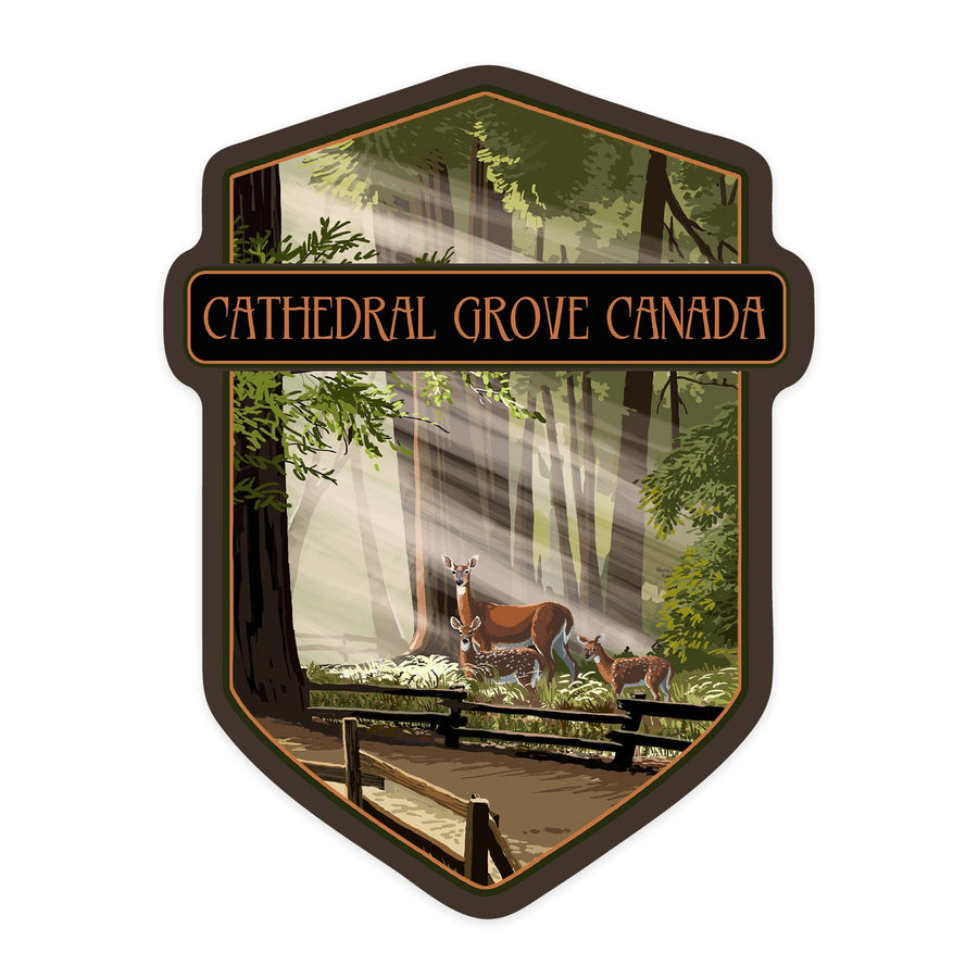 Cathedral Grove, Canada, Deer and Fawns, Contour, Vinyl Sticker - Lantern Press