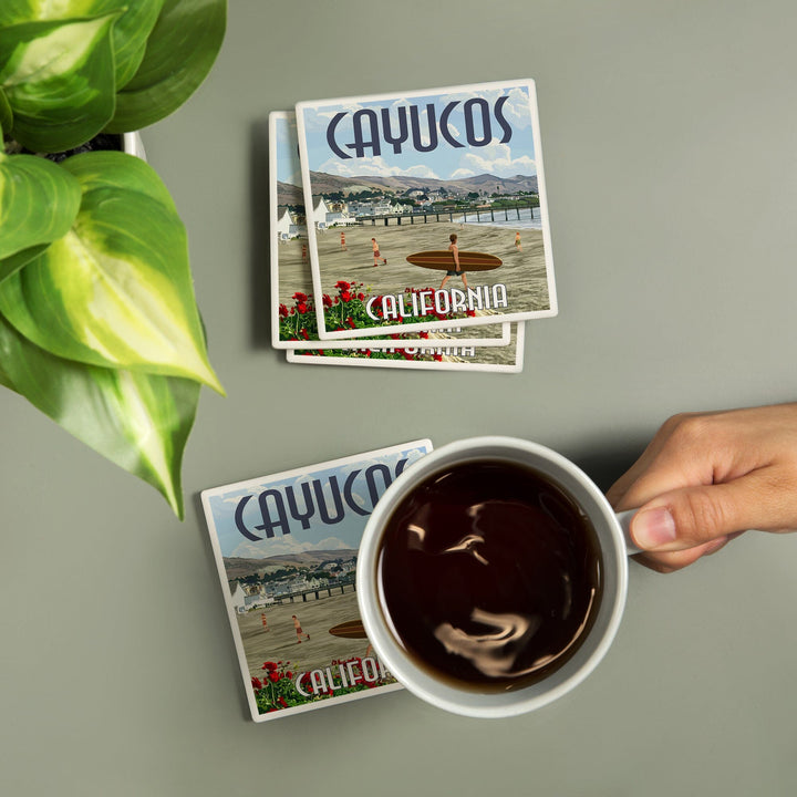 Cayucos, California, Beach and Pier Scene, Coasters Coasters Lantern Press 