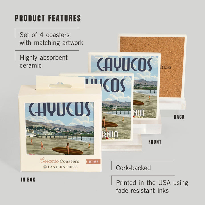 Cayucos, California, Beach and Pier Scene, Coasters Coasters Lantern Press 