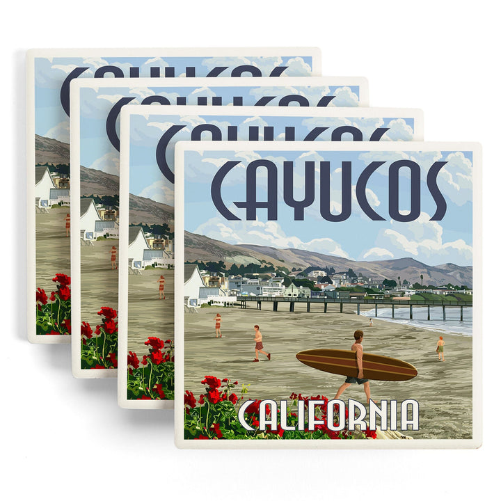 Cayucos, California, Beach and Pier Scene, Coasters Coasters Lantern Press 