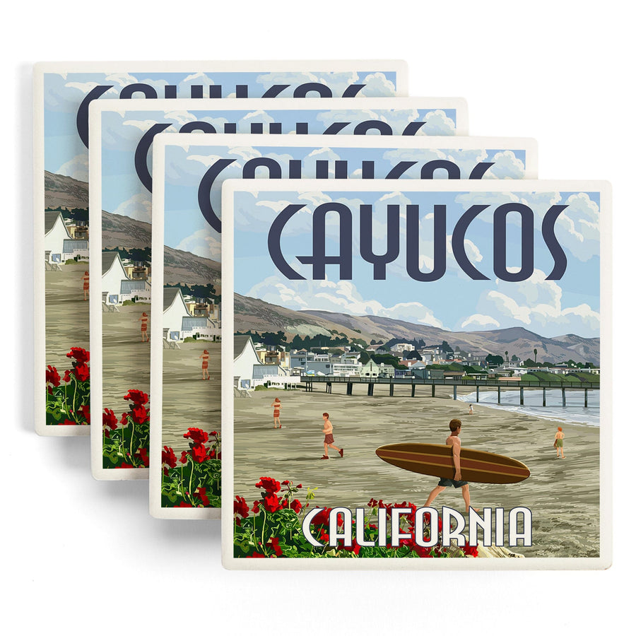 Cayucos, California, Beach & Pier Scene, Lantern Press Artwork, Coaster Set - Lantern Press