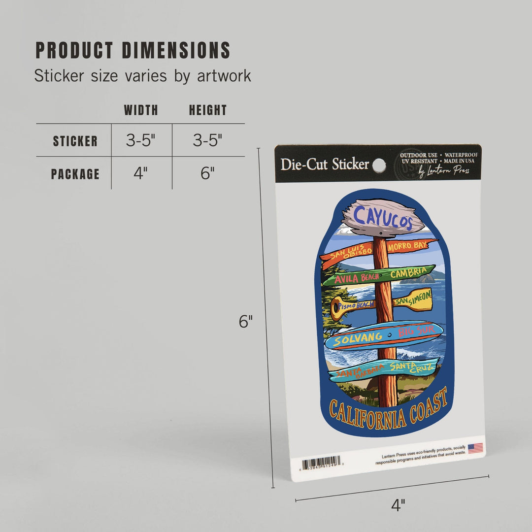 Cayucos, California, Destination Signpost, Contour, Lantern Press Artwork, Vinyl Sticker - Lantern Press