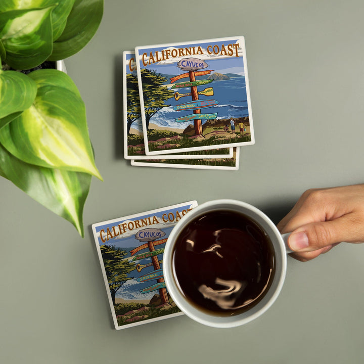 Cayucos, California, Destination Signpost, Lantern Press Artwork, Coaster Set - Lantern Press