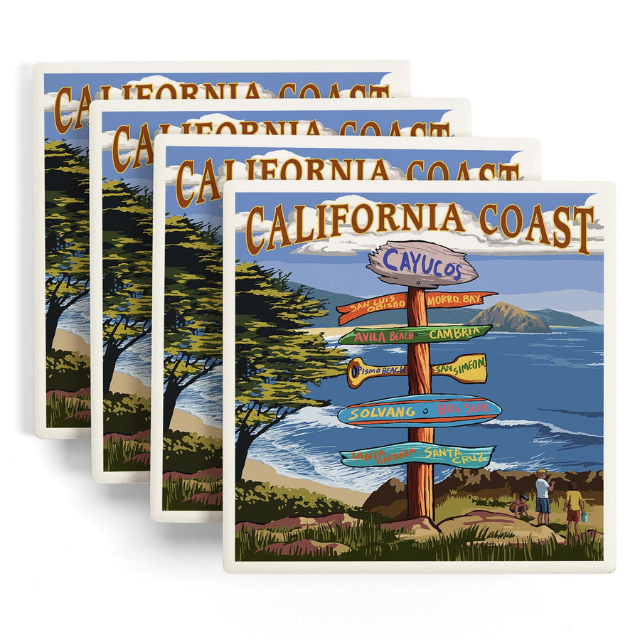 Cayucos, California, Destination Signpost, Lantern Press Artwork, Coaster Set - Lantern Press