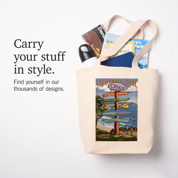 Cayucos, California, Destination Signpost, Tote Bag Totes Lantern Press 