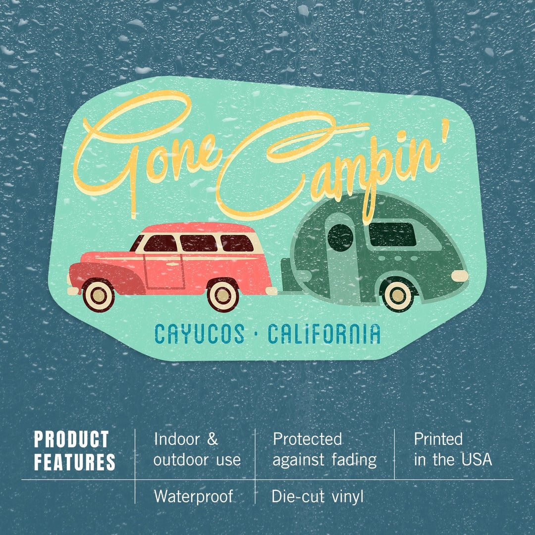 Cayucos, California, Gone Campin, Trailer, Geometric, Contour, Vinyl Sticker - Lantern Press