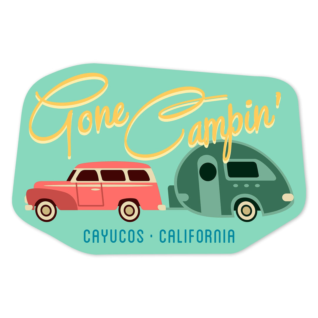 Cayucos, California, Gone Campin, Trailer, Geometric, Contour, Vinyl Sticker - Lantern Press