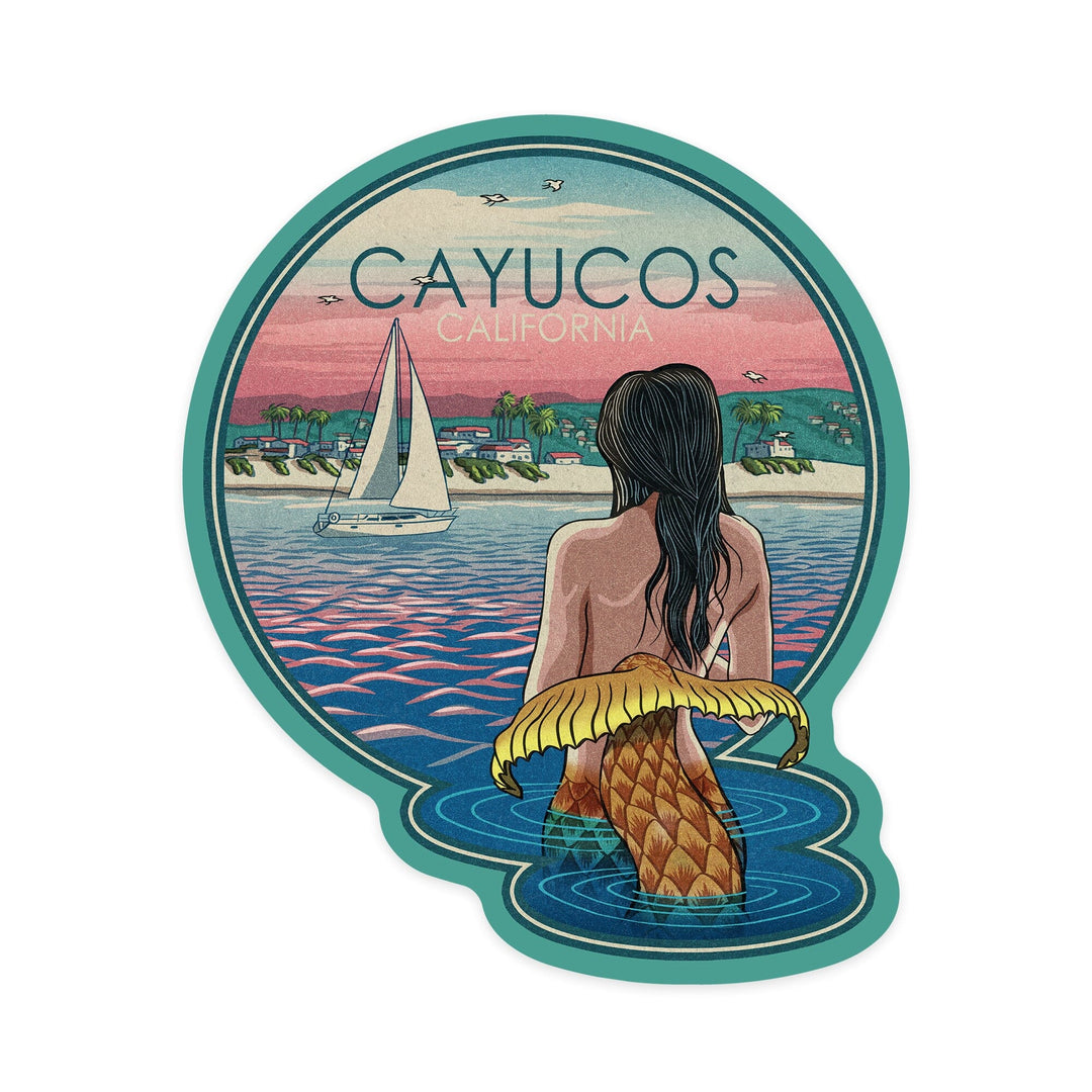 Cayucos, California, Mermaid and Beach, Contour, Vinyl Sticker Sticker Lantern Press 