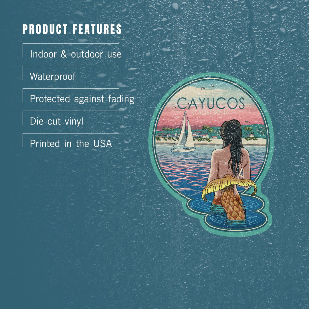 Cayucos, California, Mermaid and Beach, Contour, Vinyl Sticker Sticker Lantern Press 