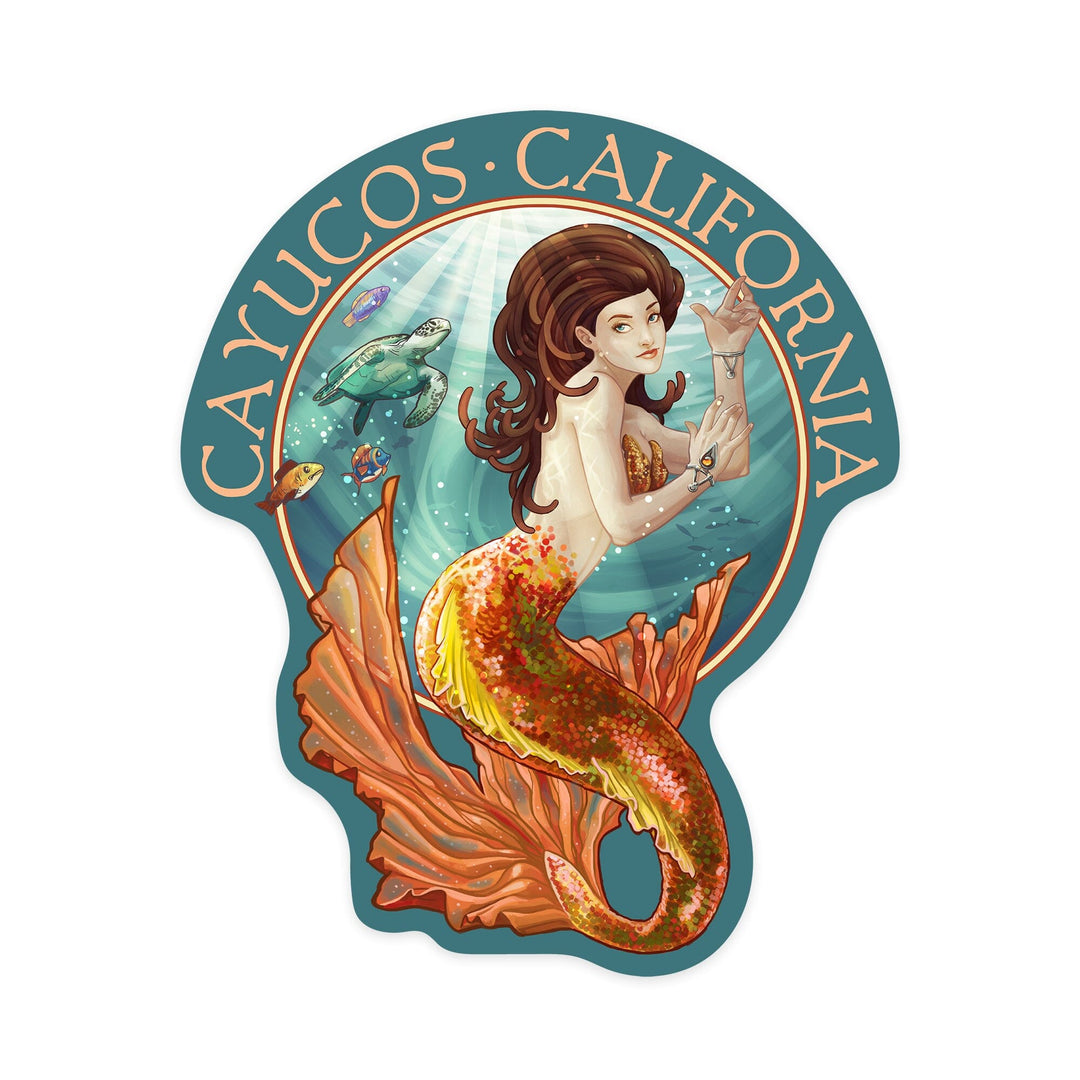 Cayucos, California, Mermaid, Contour, Vinyl Sticker - Lantern Press