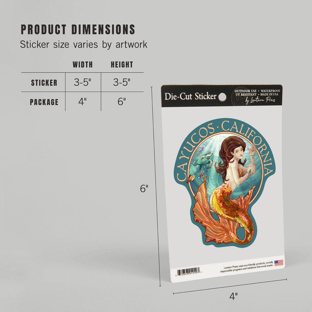 Cayucos, California, Mermaid, Contour, Vinyl Sticker - Lantern Press