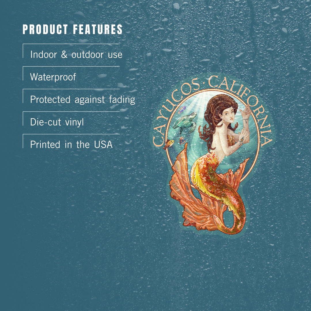 Cayucos, California, Mermaid, Contour, Vinyl Sticker - Lantern Press