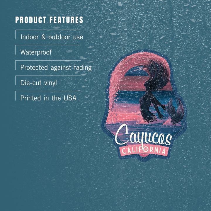 Cayucos, California, Mermaid Silhouette, Hairflip at Dusk, Contour, Vinyl Sticker Sticker Lantern Press 