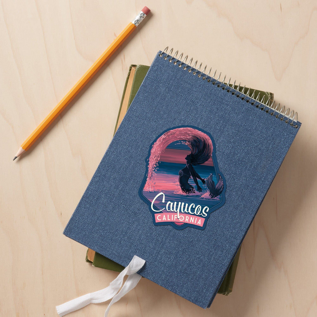 Cayucos, California, Mermaid Silhouette, Hairflip at Dusk, Contour, Vinyl Sticker Sticker Lantern Press 