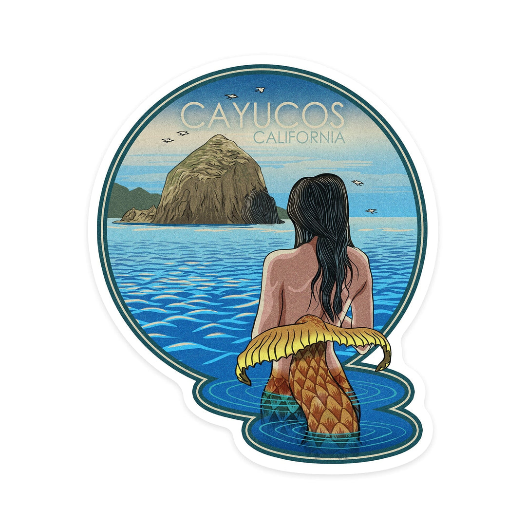 Cayucos, California, Mermaid, Woodblock, Contour, Vinyl Sticker - Lantern Press