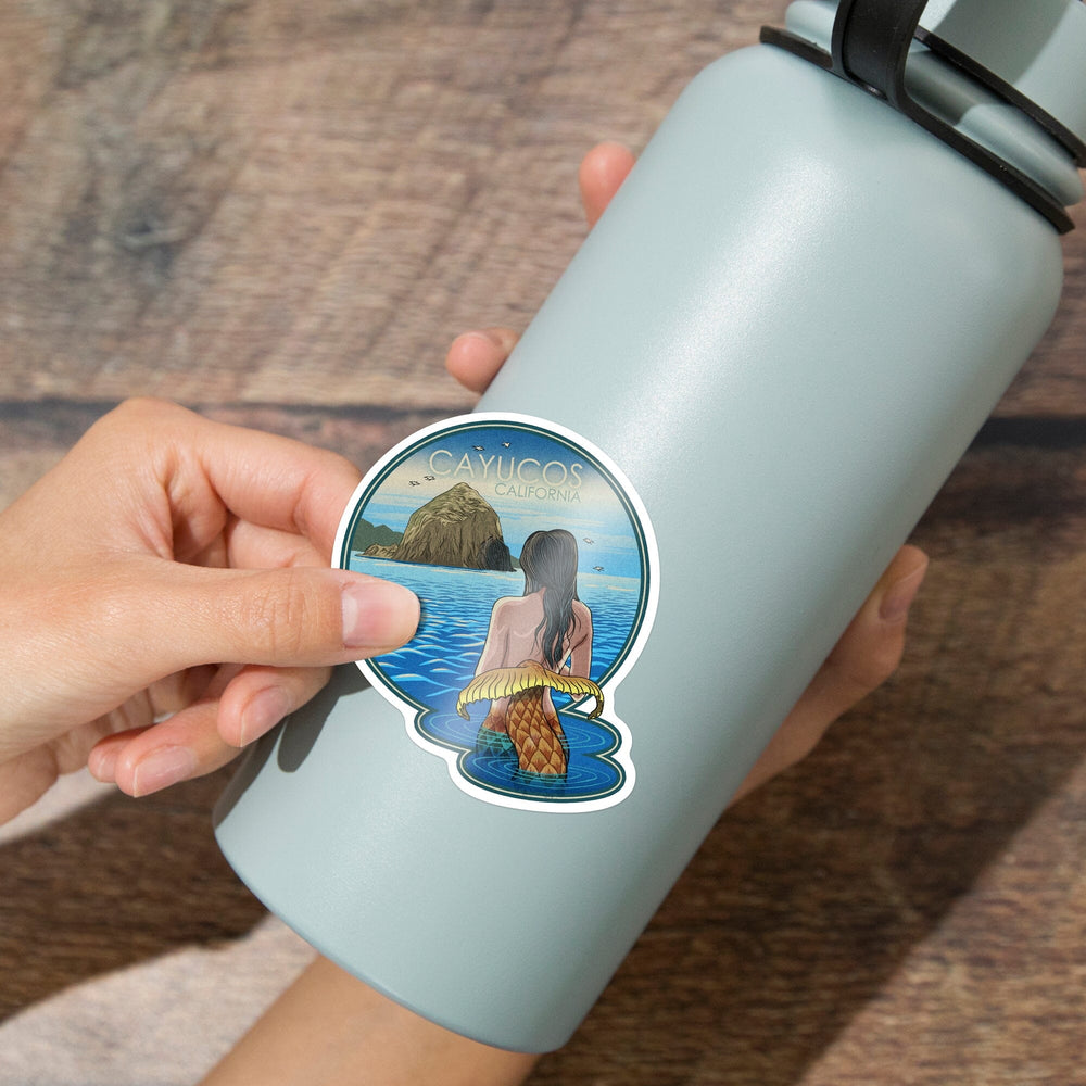 Cayucos, California, Mermaid, Woodblock, Contour, Vinyl Sticker - Lantern Press