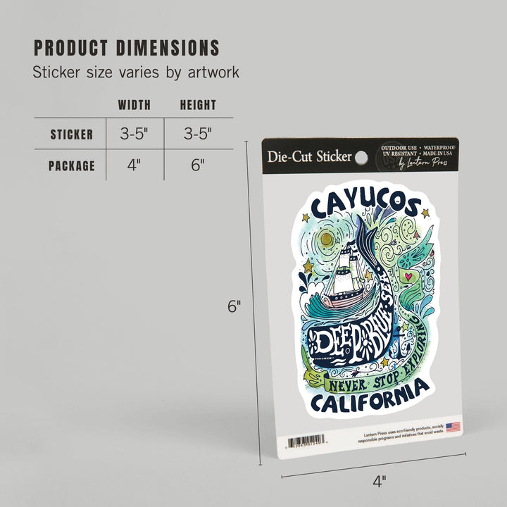 Cayucos, California, Watercolor Whale, Deep Blue Sea, Contour, Vinyl Sticker Sticker Lantern Press 