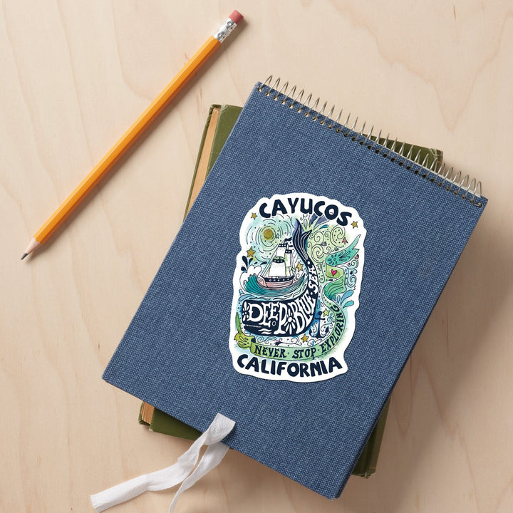 Cayucos, California, Watercolor Whale, Deep Blue Sea, Contour, Vinyl Sticker Sticker Lantern Press 