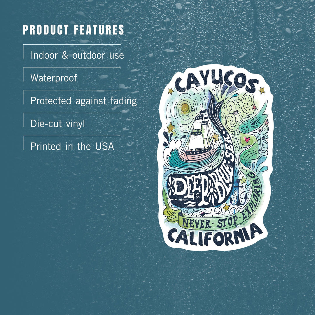 Cayucos, California, Watercolor Whale, Deep Blue Sea, Contour, Vinyl Sticker Sticker Lantern Press 