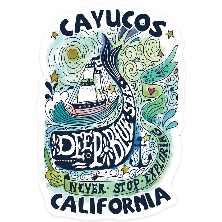 Cayucos, California, Watercolor Whale, Deep Blue Sea, Contour, Vinyl Sticker Sticker Lantern Press 