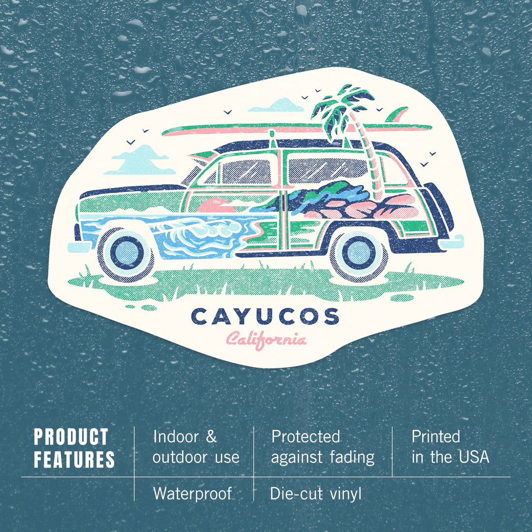 Cayucos, California, Woody, Distressed Vector, Contour, Vinyl Sticker - Lantern Press