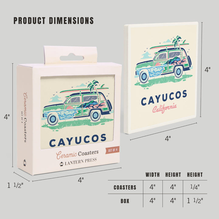 Cayucos, California, Woody, Distressed Vector, Lantern Press Artwork, Coaster Set - Lantern Press