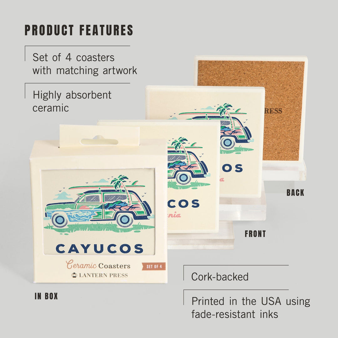 Cayucos, California, Woody, Distressed Vector, Lantern Press Artwork, Coaster Set - Lantern Press