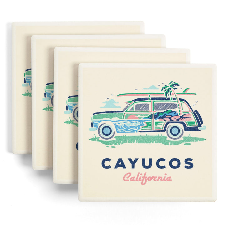 Cayucos, California, Woody, Distressed Vector, Lantern Press Artwork, Coaster Set - Lantern Press