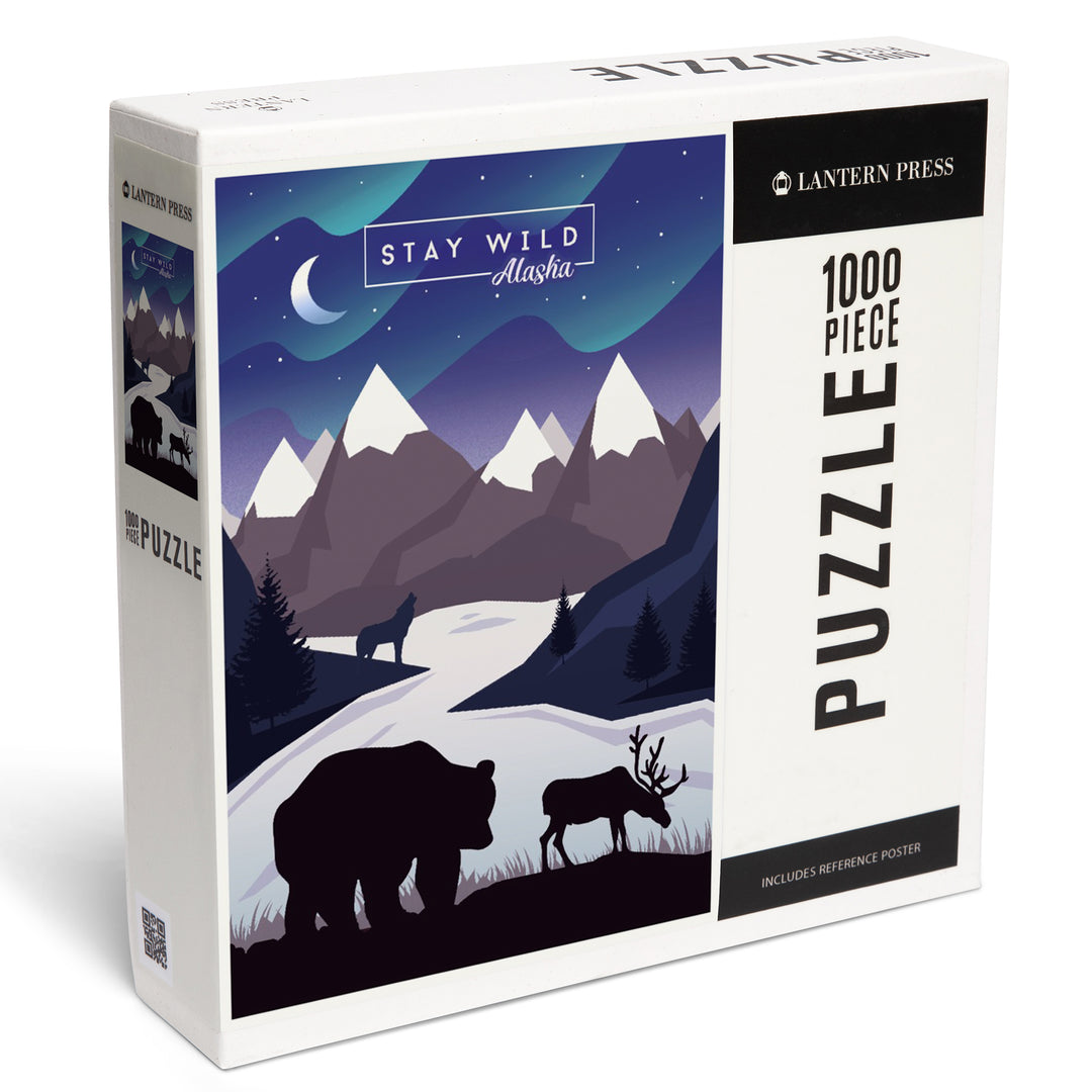Alaska Northern Lights Night Scene Stay Wild Bear and Mountain Silhouette, Jigsaw Puzzle
