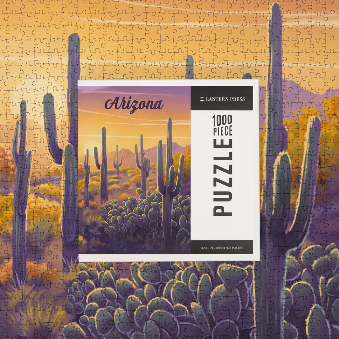 Arizona, Oil Painting, Cactus and Golden Sunset, 1000 Piece Jigsaw Puzzle