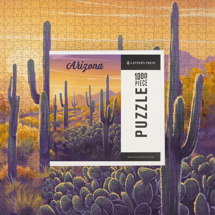 Arizona, Oil Painting, Cactus and Golden Sunset, 1000 Piece Jigsaw Puzzle
