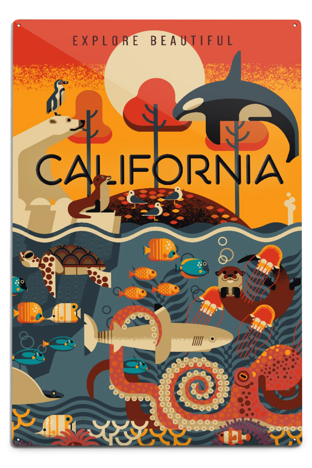 California, Marine Animals, Geometric, Metal Signs - Lantern Press