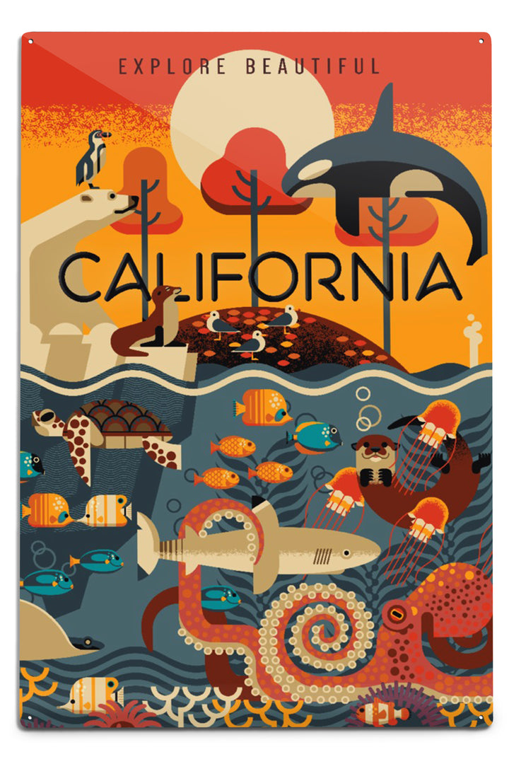 California, Marine Animals, Geometric, Metal Signs - Lantern Press