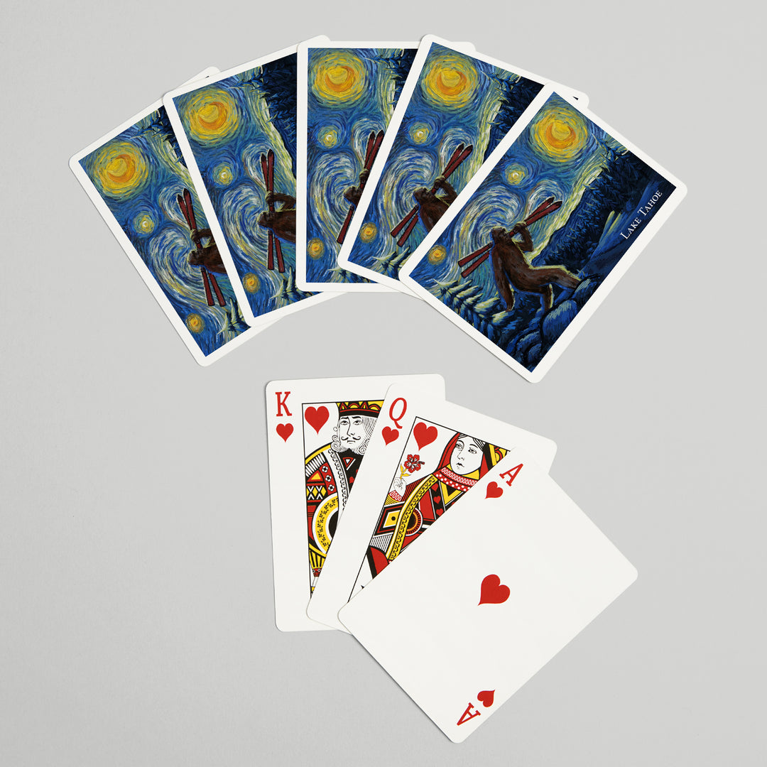 Playing Cards, Lake Tahoe, California, Starry Night, Winter Bigfoot with Skis, 52 Card Deck with Jokers in Box, Unique Art