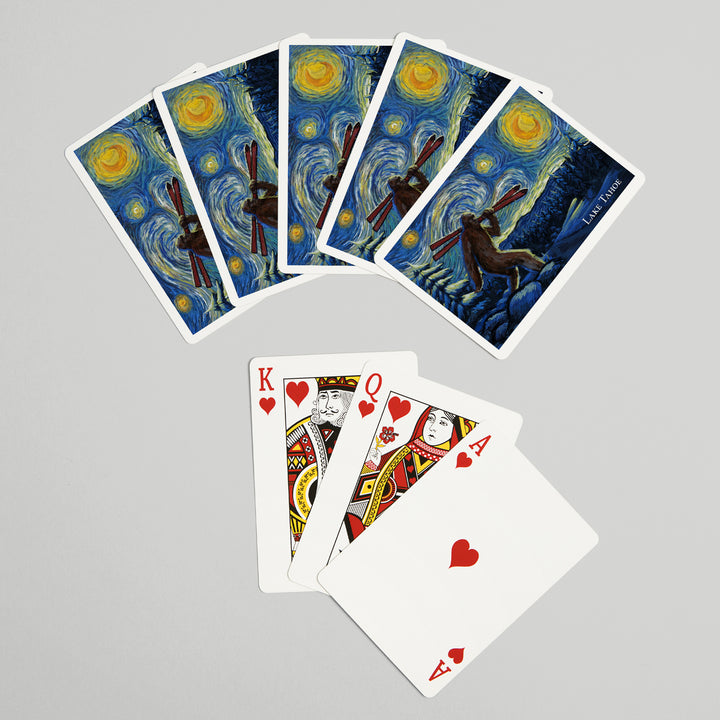 Playing Cards, Lake Tahoe, California, Starry Night, Winter Bigfoot with Skis, 52 Card Deck with Jokers in Box, Unique Art