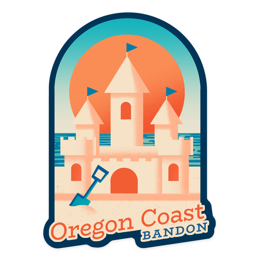 Bandon, Oregon, Sun-faded Shoreline Collection, Sand Castle on Beach, Contour, Vinyl Sticker