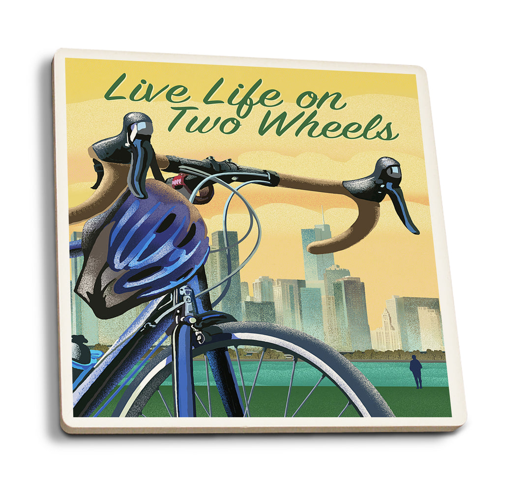 Live Life on Two Wheels, Bicycle and City, Lithograph, Coaster Set
