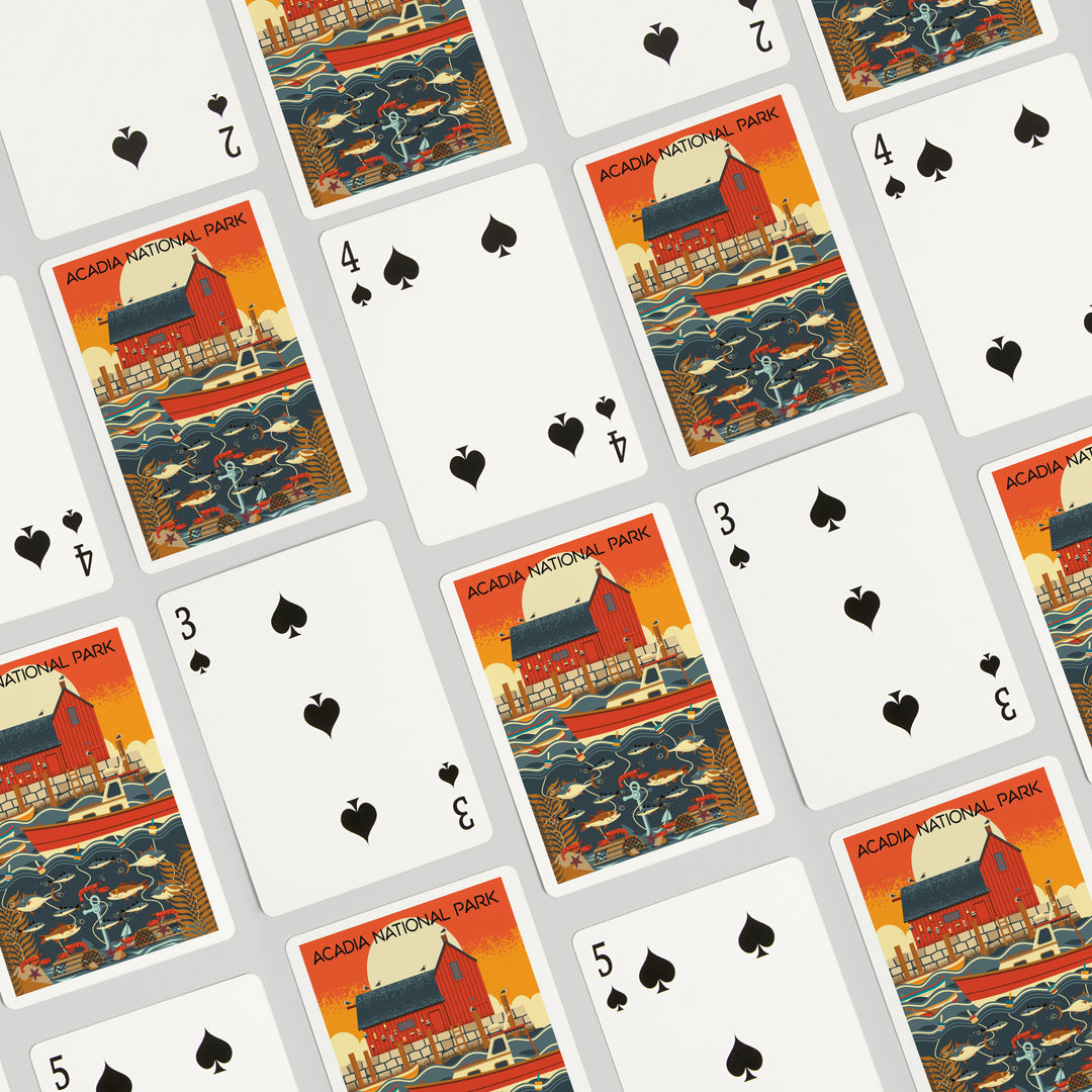 Playing Cards, Acadia National Park, Maine, Nautical Geometric, 52 Card Deck with Jokers in Box, Unique Art