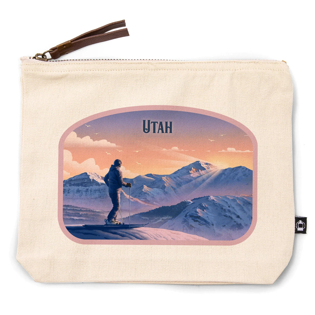 Utah, Lithograph, Skier at the Top, Organic Cotton Zipper Pouch, Go Bag