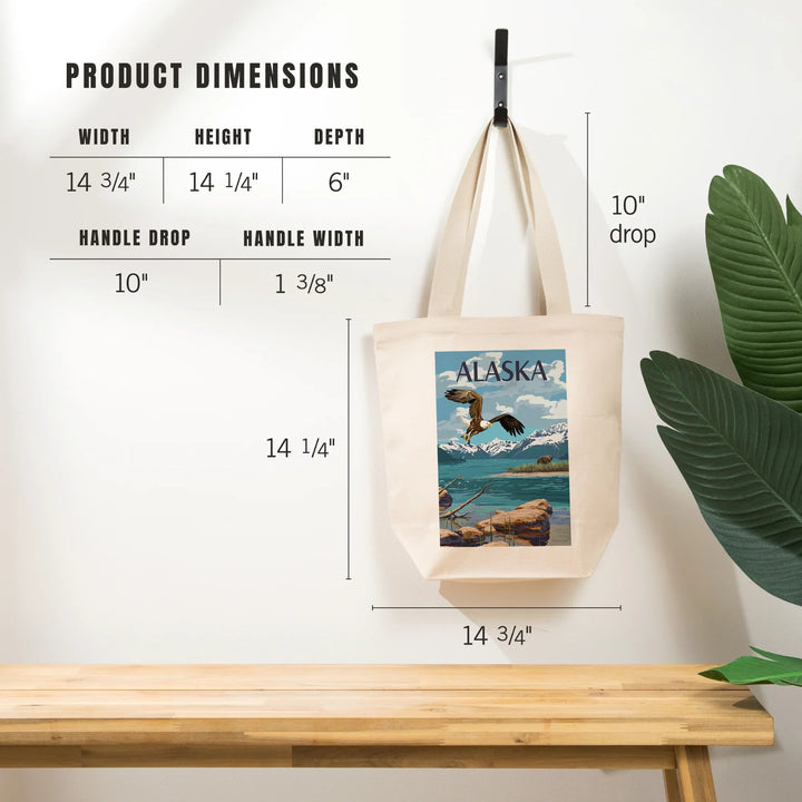 Alaska, Painterly, Lake Scene, Bald Eagle and Bear, Tote Bag