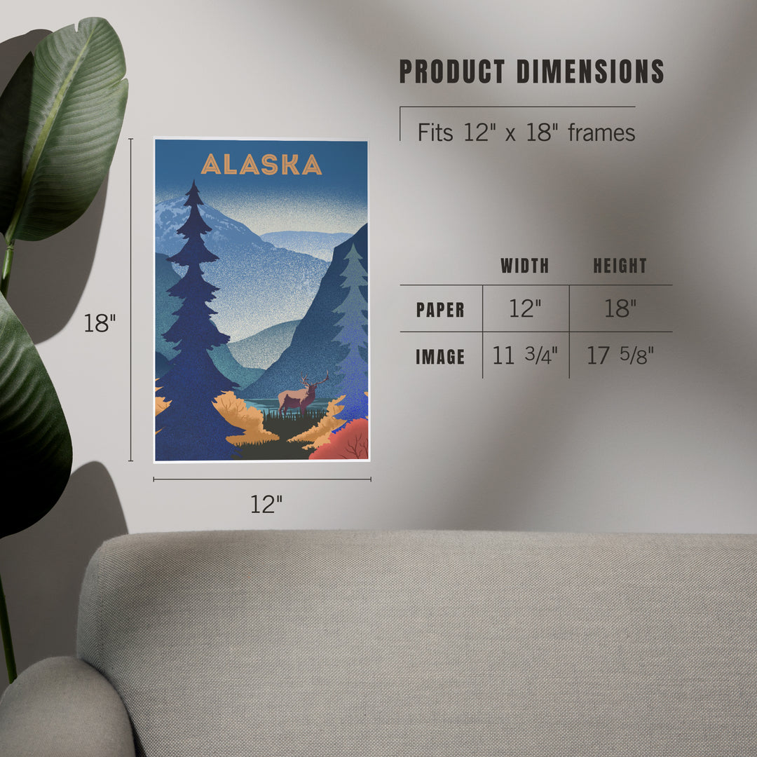 Alaska, Lithograph, Elk and Mountains Scene, Art & Giclee Prints